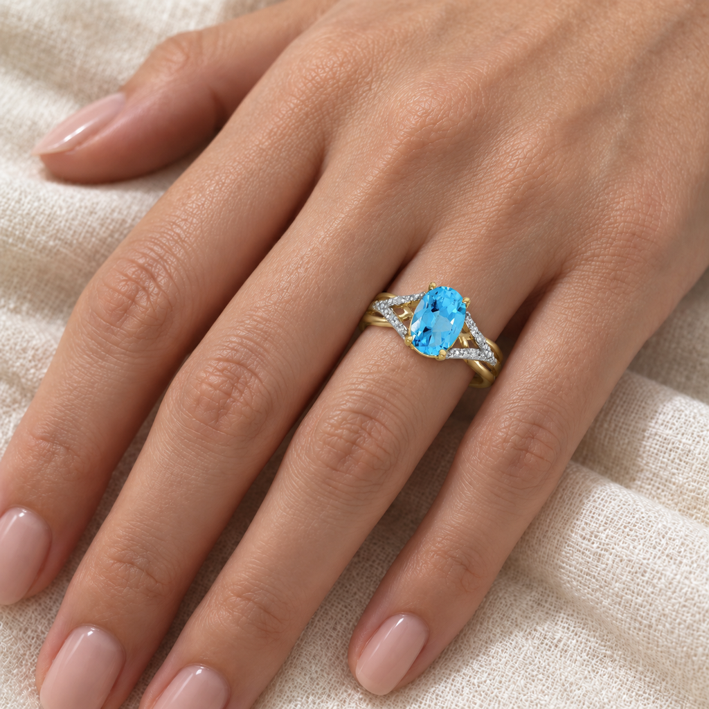 Oval Blue Topaz and Diamond Cocktail Ring 14K Yellow Gold (1.62tcw) — ivory linen close-up