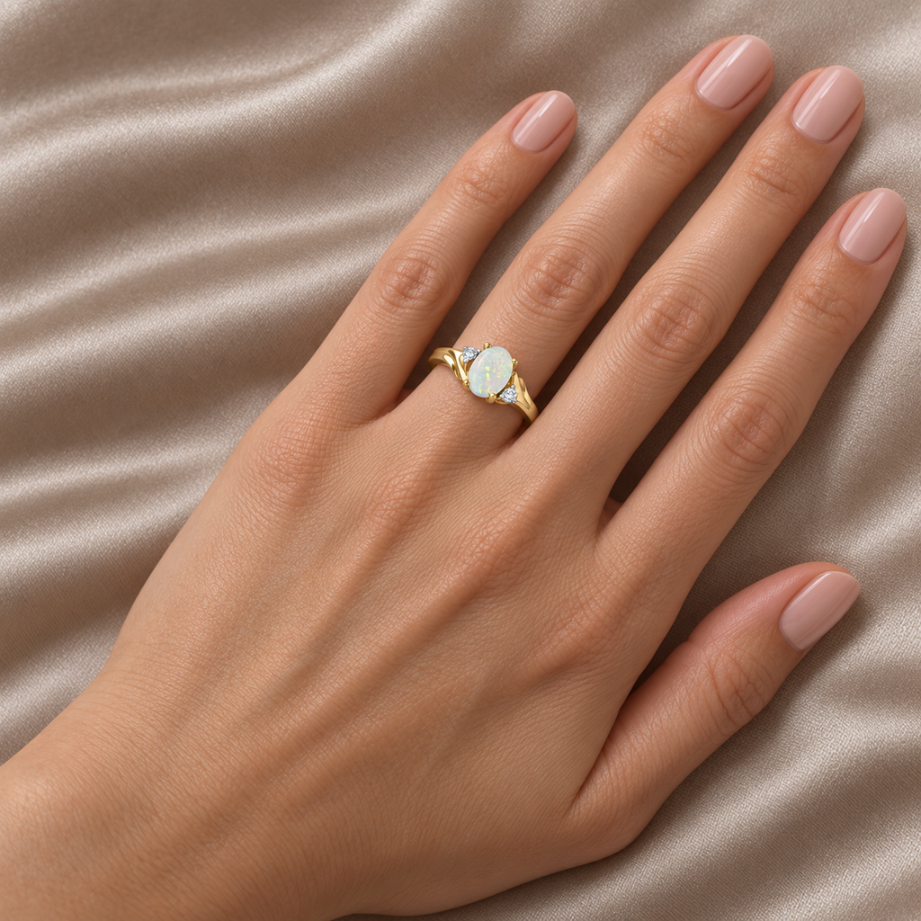Oval Opal and Diamond Ring in 14K Yellow Gold (0.46ct) — worn at base of ring finger, second view