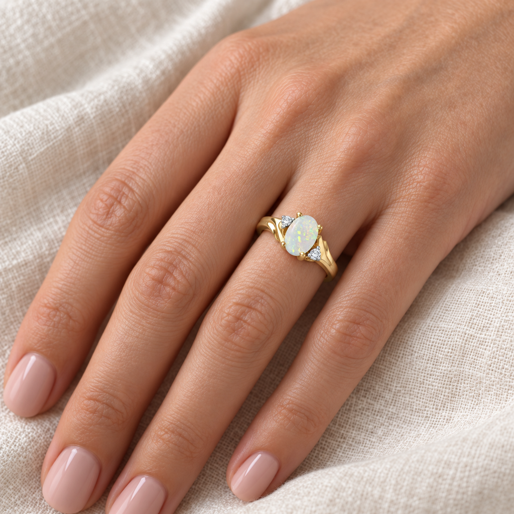 Oval Opal and Diamond Ring in 14K Yellow Gold (0.46ct) — worn on hand
