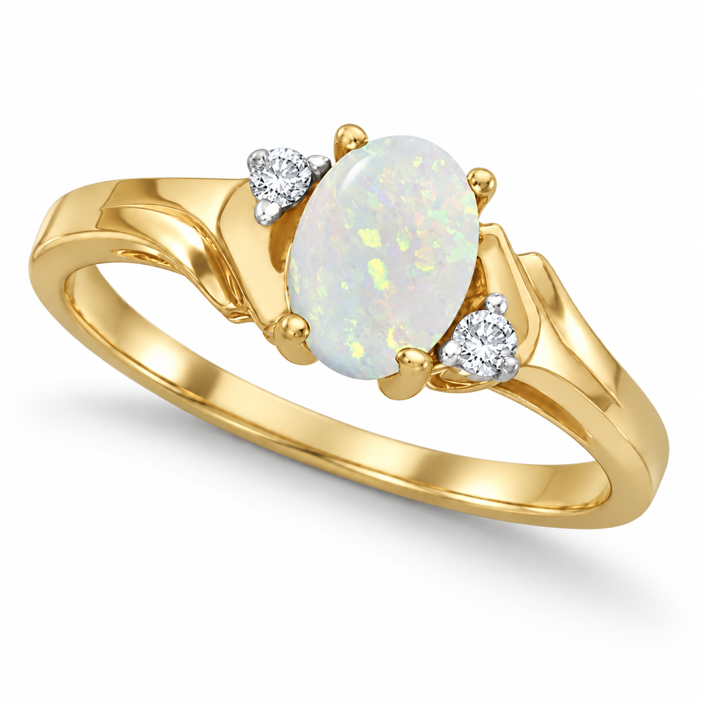 Oval Opal and Diamond Ring in 14K Yellow Gold (0.46ct) — three-quarter product view