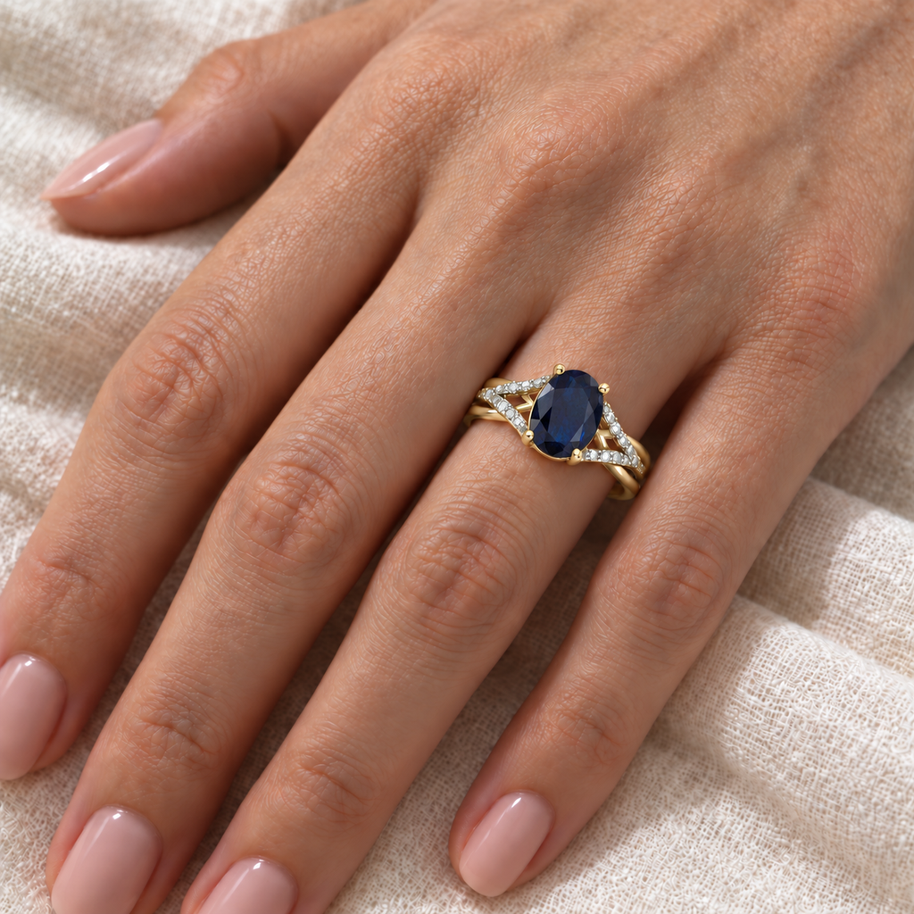 Oval Blue Sapphire and Diamond Cocktail Ring 14K Yellow Gold (1.52tcw) — ivory linen close-up
