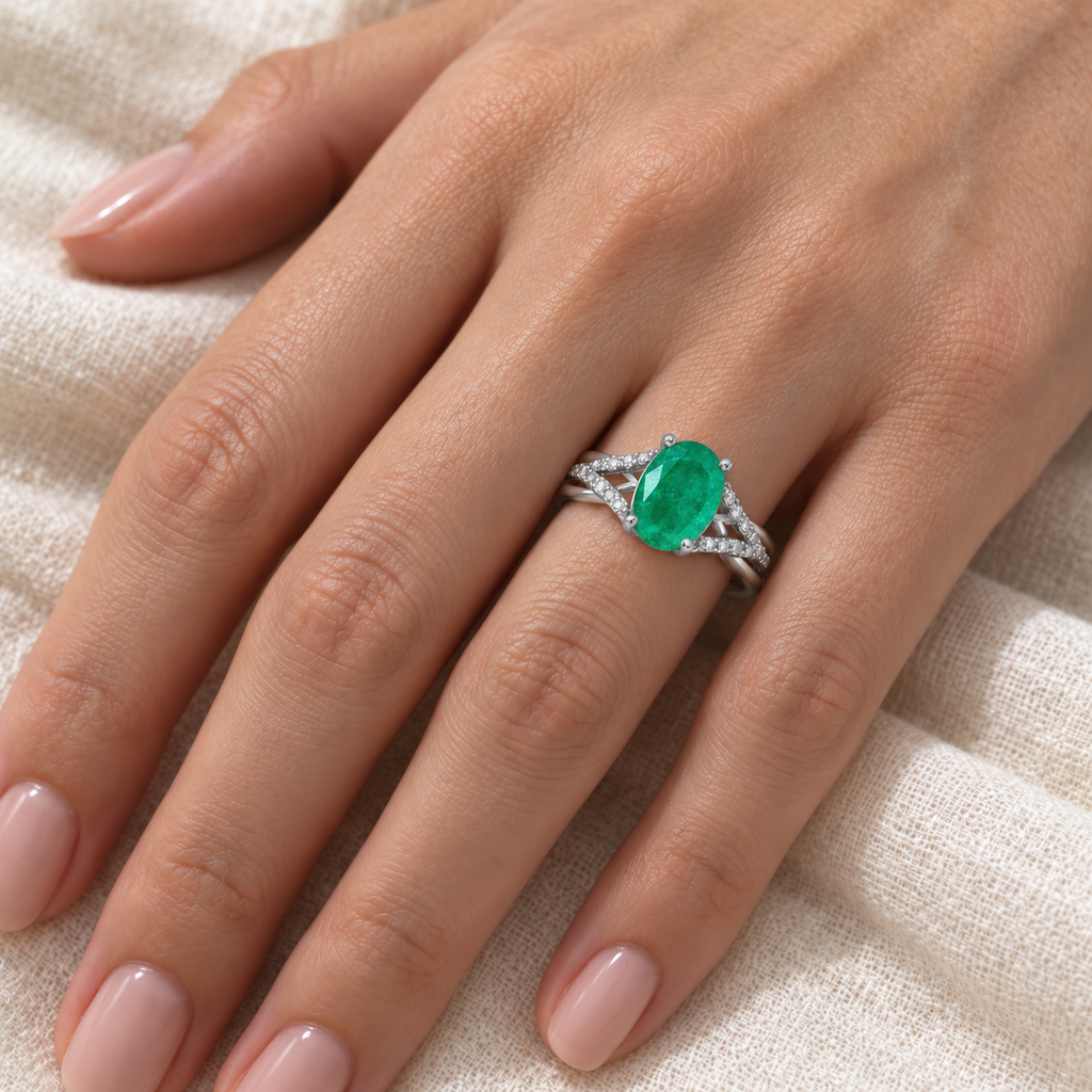 Oval Emerald and Diamond Cocktail Ring 14K White Gold (1.12tcw) — ivory linen close-up