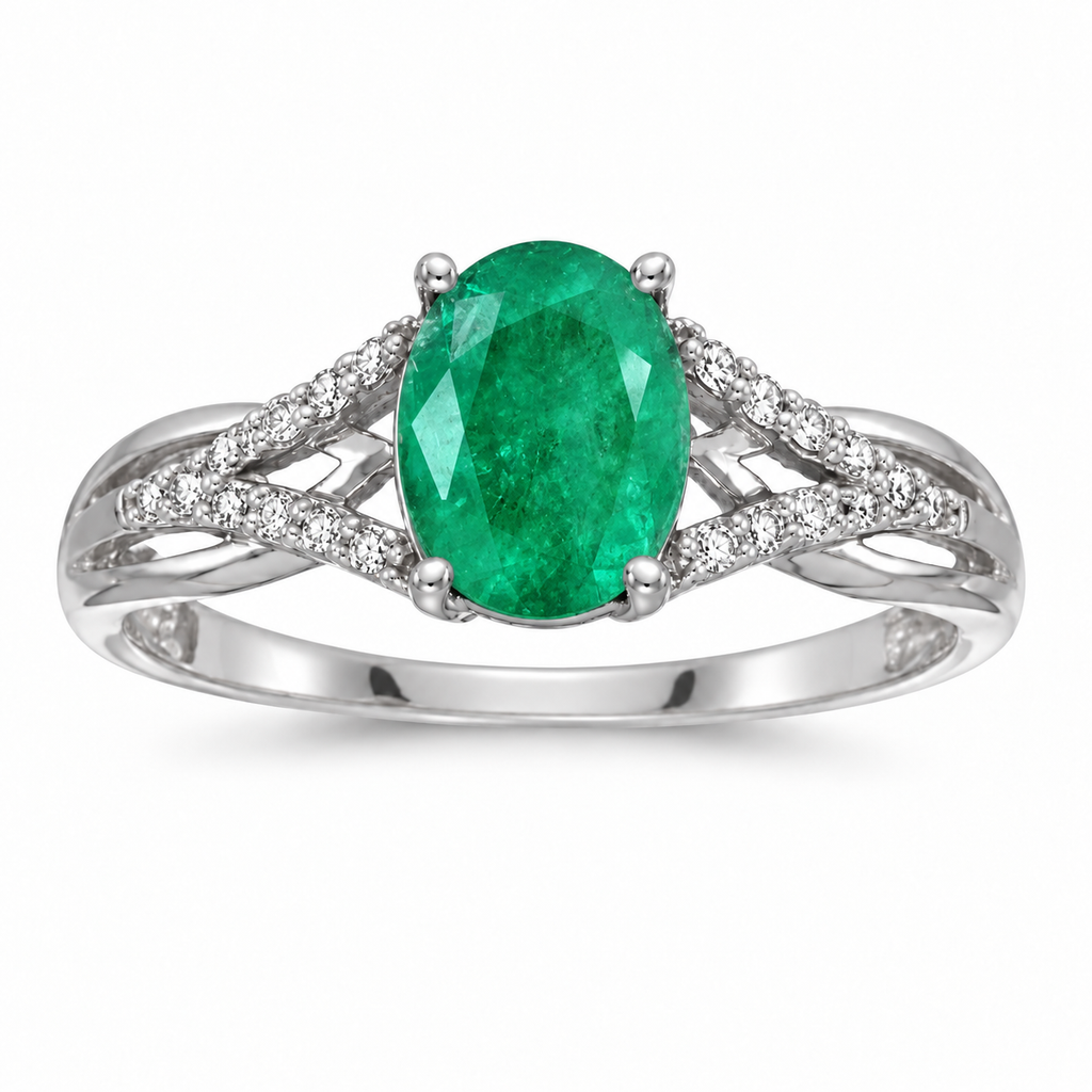 Oval Emerald and Diamond Cocktail Ring 14K White Gold (1.12tcw) — alternate product view