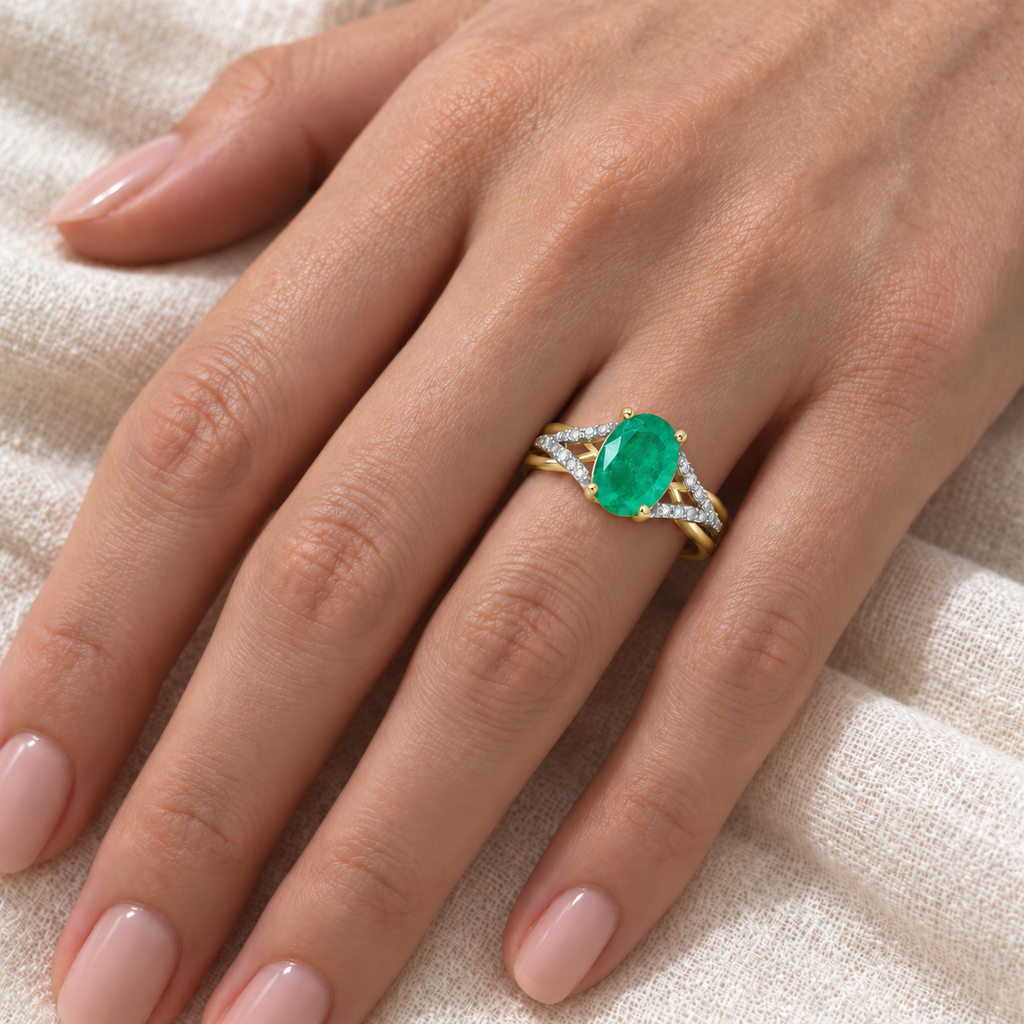 Oval Emerald and Diamond Cocktail Ring 14K Yellow Gold (1.12tcw) — closeup on hand