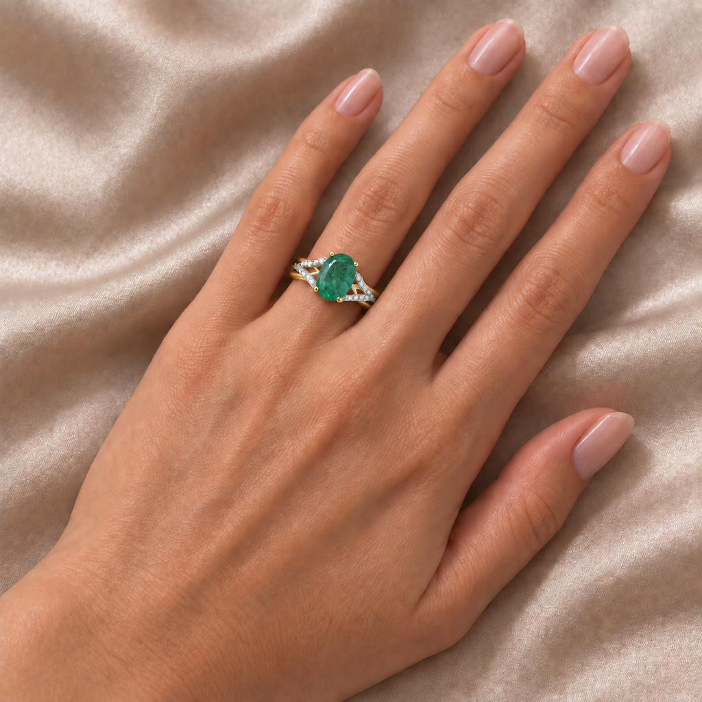 Oval Emerald and Diamond Cocktail Ring 14K Yellow Gold (1.12tcw) — full-hand view