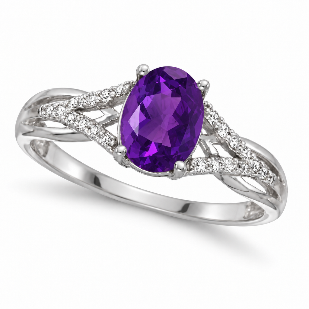 Oval Amethyst and Diamond Cocktail Ring 14K White Gold (1.20 ctw) — three-quarter product view