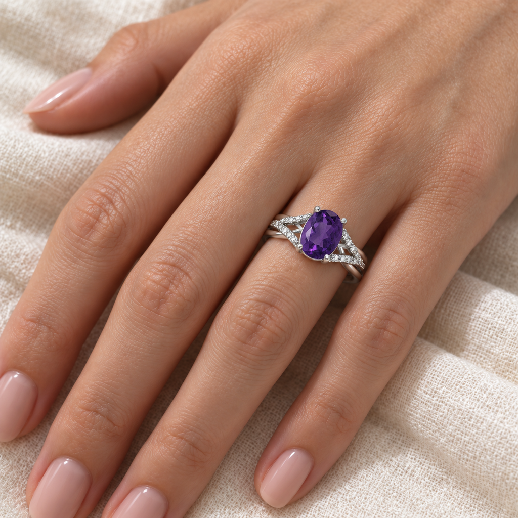 Oval Amethyst and Diamond Cocktail Ring 14K White Gold (1.20 ctw) — closeup on hand