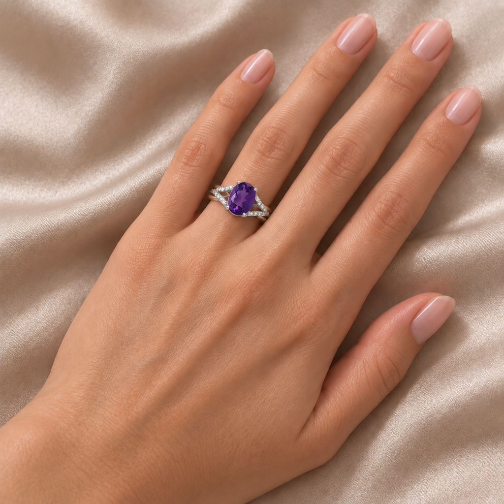 Oval Amethyst and Diamond Cocktail Ring 14K White Gold (1.20 ctw) — full-hand view
