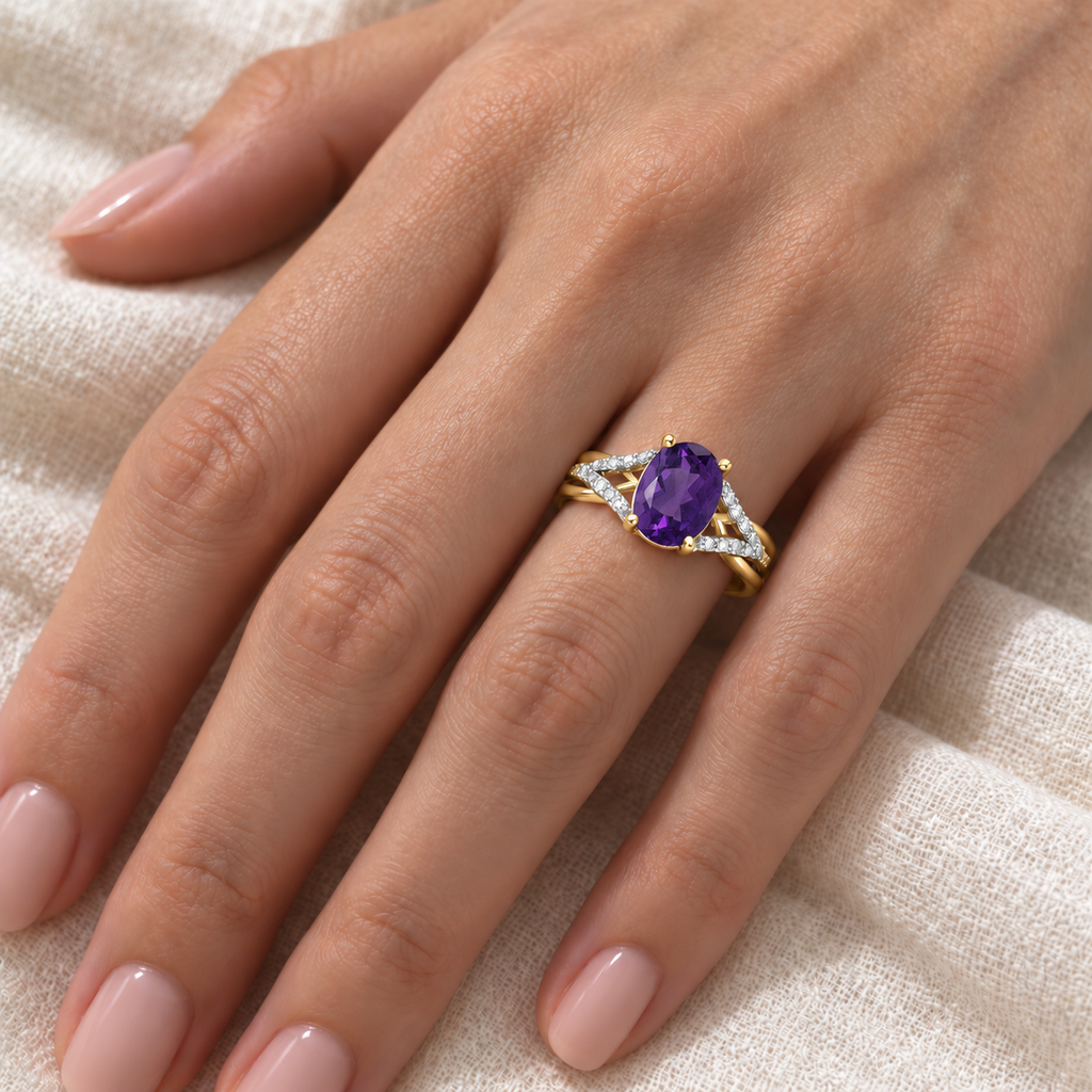 Oval Amethyst and Diamond Cocktail Ring 14K Yellow Gold (1.20 ctw) — closeup on hand