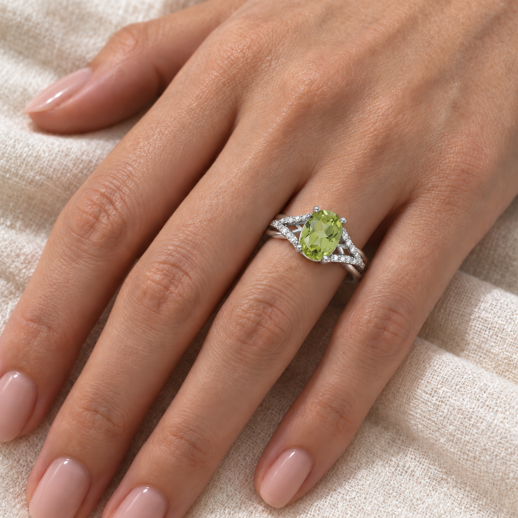 Oval Peridot and Diamond Cocktail Ring in 14K White Gold (1.37 ctw) — ivory linen close-up