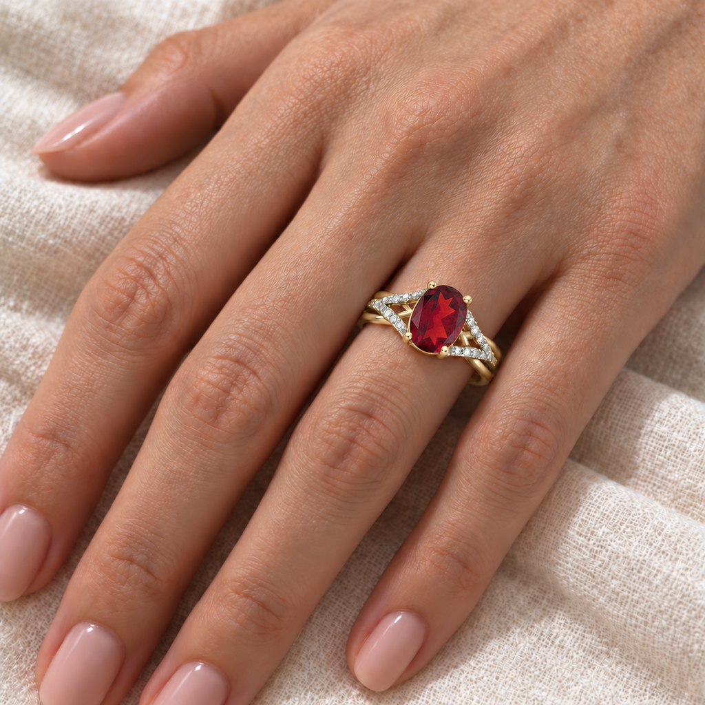 Oval Ruby and Diamond Cocktail Ring in 14K Yellow Gold (1.52 ctw) — ivory linen close-up