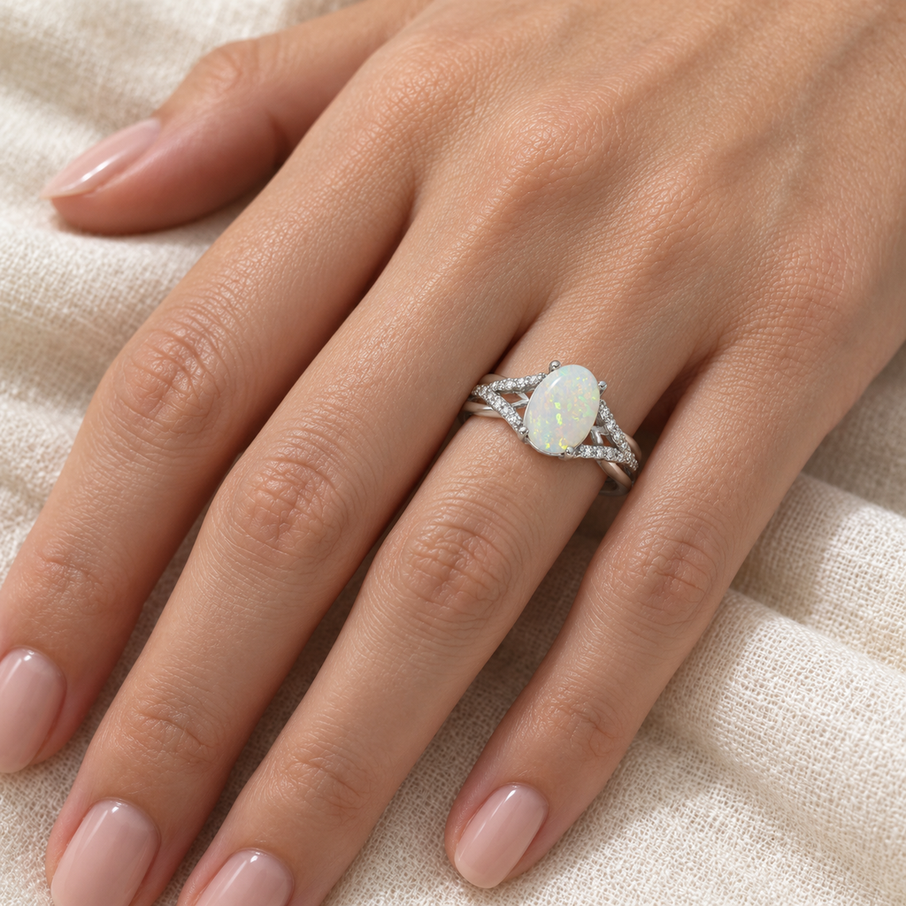 Oval Opal and Diamond Cocktail Ring 14K White Gold (0.70ct) — ivory linen close-up