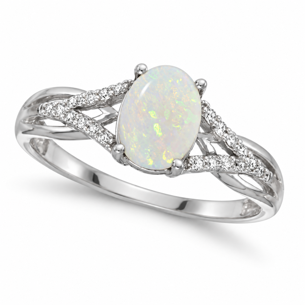 Oval Opal and Diamond Cocktail Ring 14K White Gold (0.70ct) — main product view