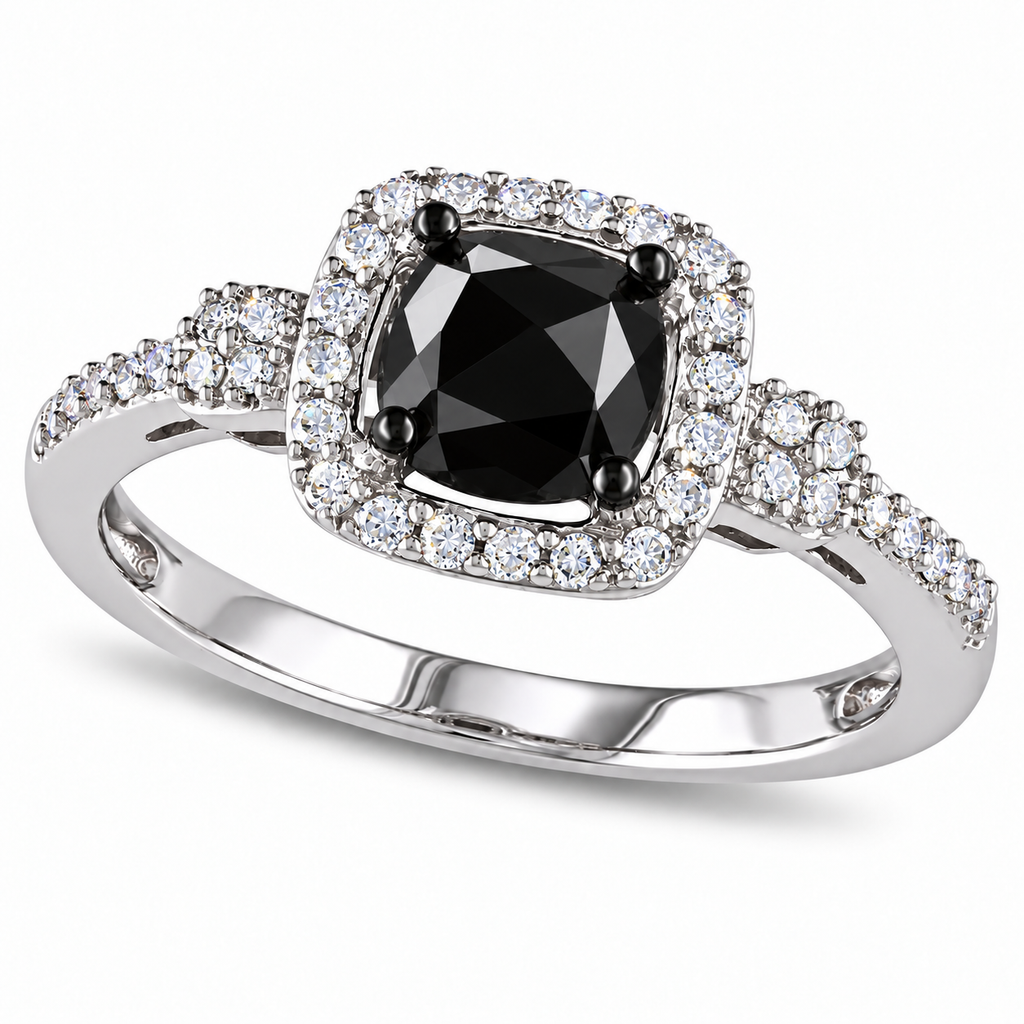 Black & White Diamond Halo Engagement Ring 14k White Gold (1.01ct) — Angled product view on white