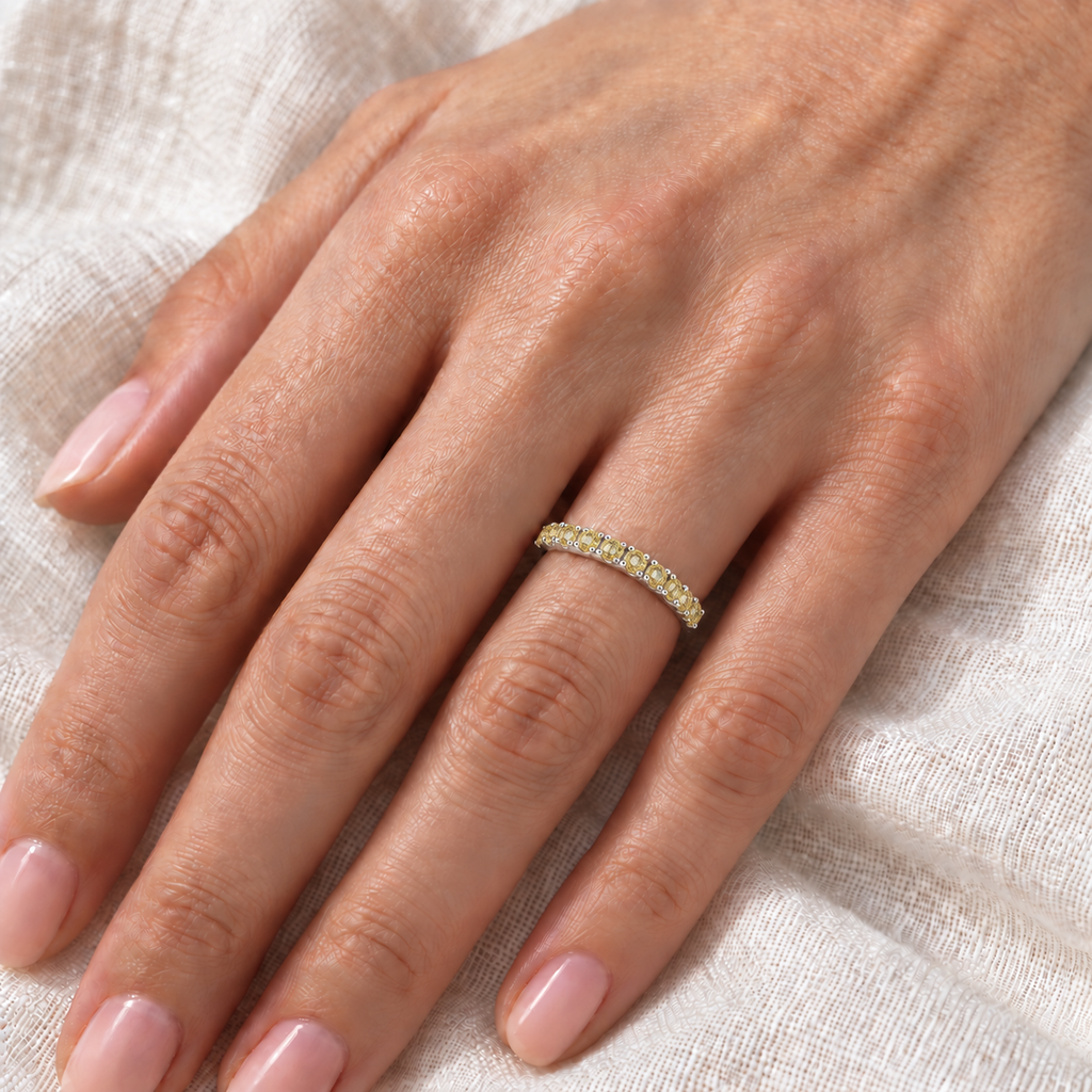 Yellow Canary Lab Diamond Stackable Ring Anniversary Band Palladium 0.25ct — close-up on ivory linen