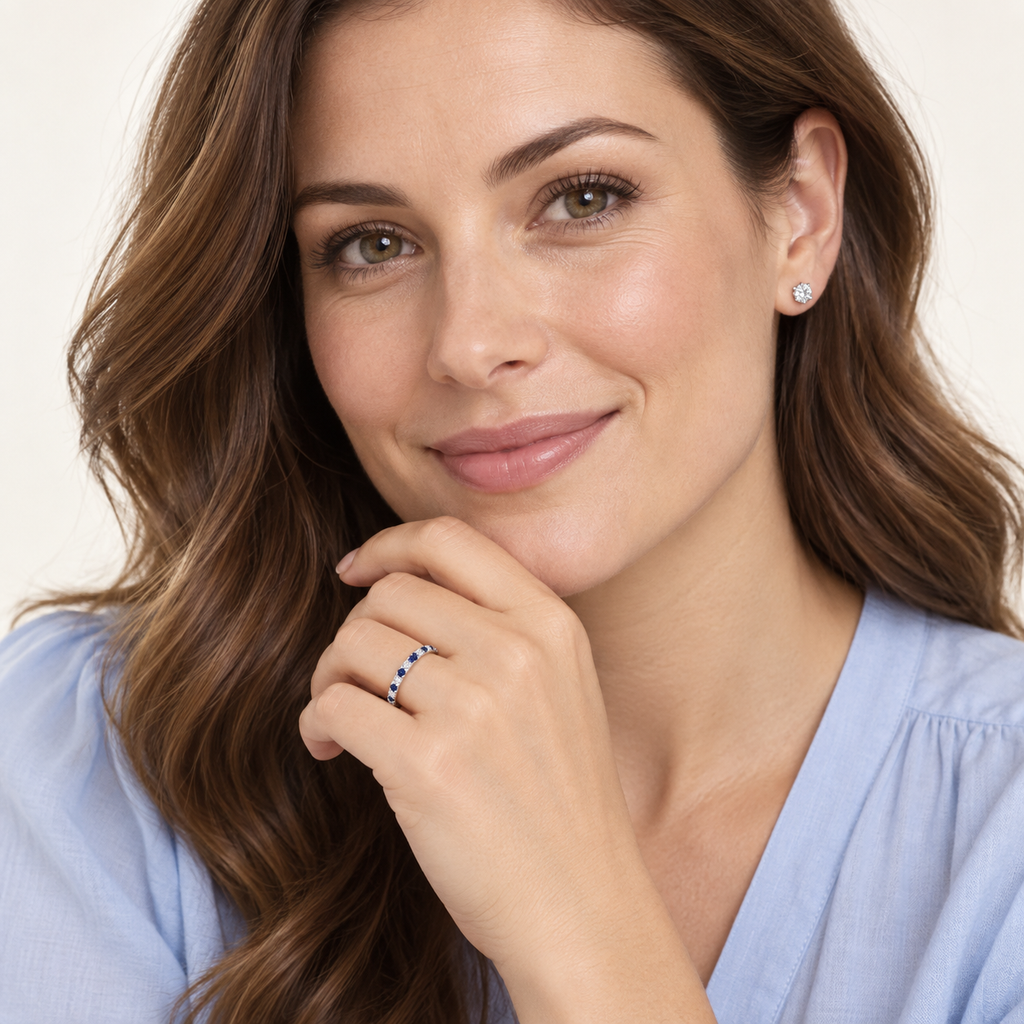 Lab Diamond and Lab Blue Sapphire Ring Anniversary Band 14k White Gold (0.32ct) — professional studio portrait