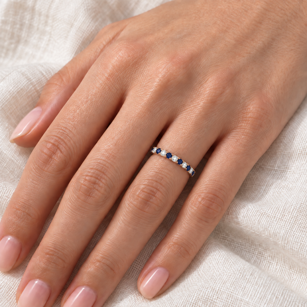 Lab Diamond & Lab Blue Sapphire Ring Guard Stackable Band 14k Rose Gold (0.32ct) — close-up on ivory linen