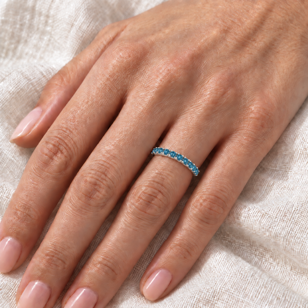 Blue Diamond Stackable Band Ring Guard in 14k White Gold (0.25ct) — close-up on ivory linen