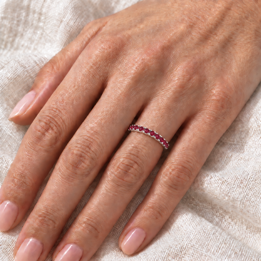 Ruby Stackable Ring Guard Band 14K White Gold (0.37ct) — close-up on ivory linen