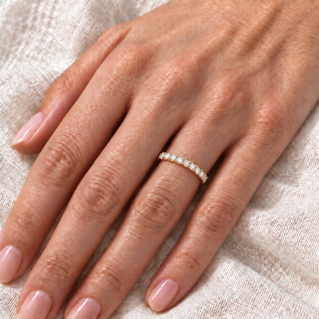 Diamond Stackable Ring Anniversary Band 14k Yellow Gold (0.25ct) — close-up on ivory linen