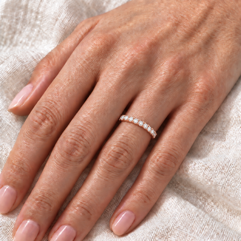Diamond Stackable Ring Anniversary Band in 14k Rose Gold (0.25ct) — close-up on ivory linen