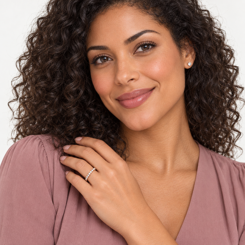 Diamond Stackable Ring Anniversary Band in 14k Rose Gold (0.25ct) — professional studio portrait with diamond studs