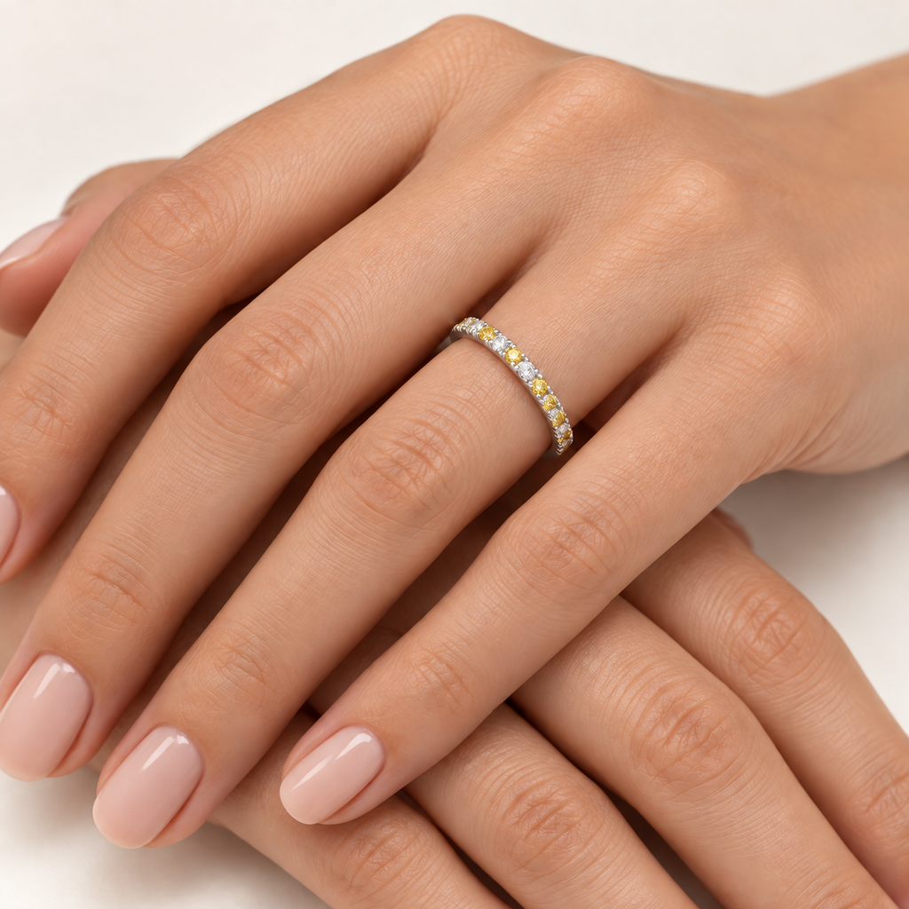 Yellow Canary & White Diamond Stackable Ring Band 14k Gold (0.25ct) — Hand model showing delicate band at base of ring finger