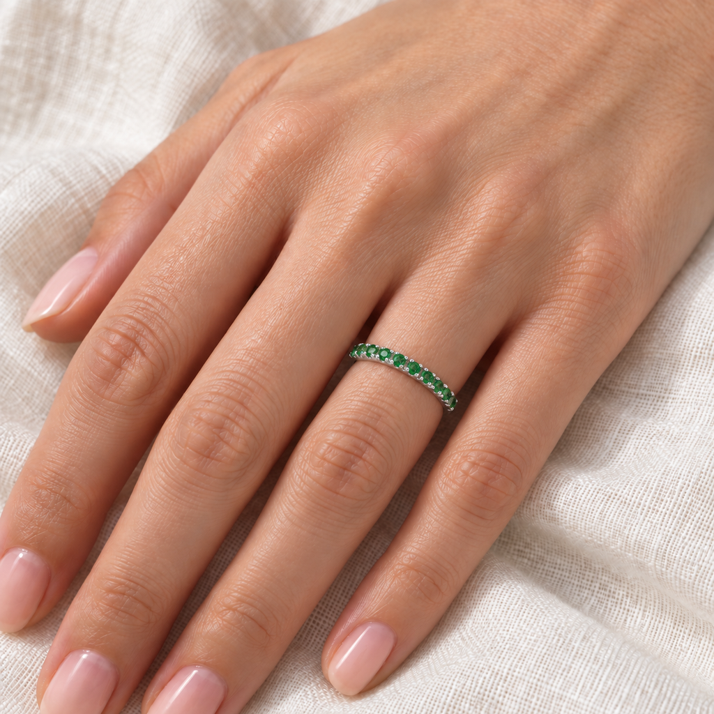 Emerald Semi-Eternity Band Stackable Ring in 14K White Gold (0.38ct) — close-up on ivory linen
