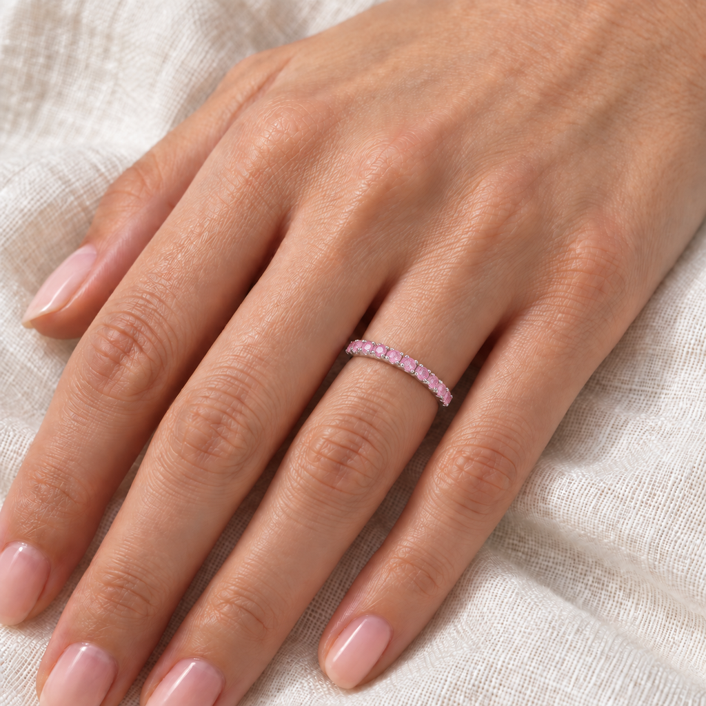 Pink Sapphire Stackable Band Ring Guard in 14k White Gold (0.38ct) — close-up on ivory linen