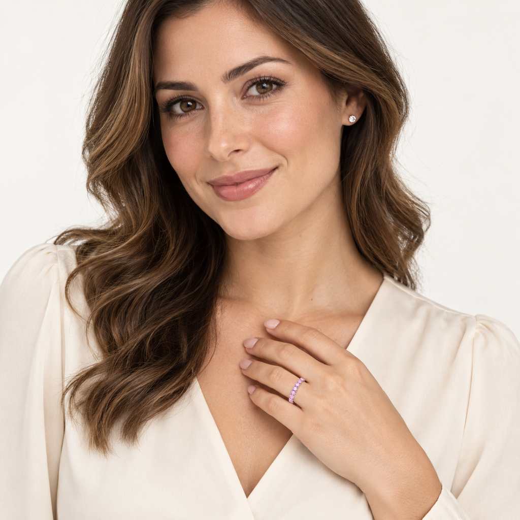 Pink Sapphire Stackable Band Ring Guard in 14k White Gold (0.38ct) — professional studio portrait with diamond studs