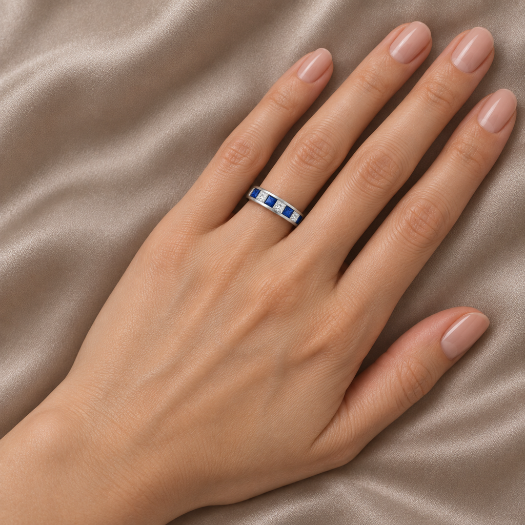 Princess-Cut Channel-Set Diamond & Sapphire Ring Band 14k White Gold — worn at base of ring finger, second view