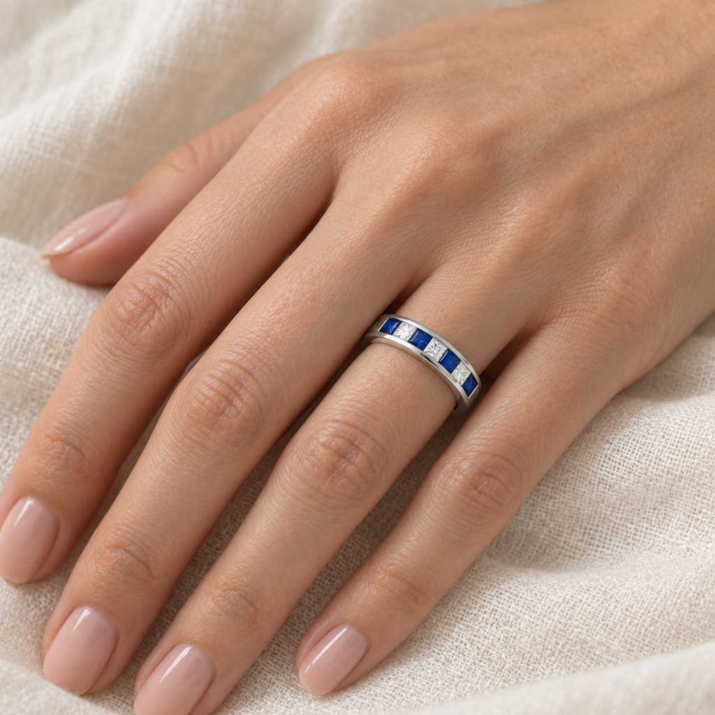 Princess-Cut Channel-Set Diamond & Sapphire Ring Band 14k White Gold — worn on hand