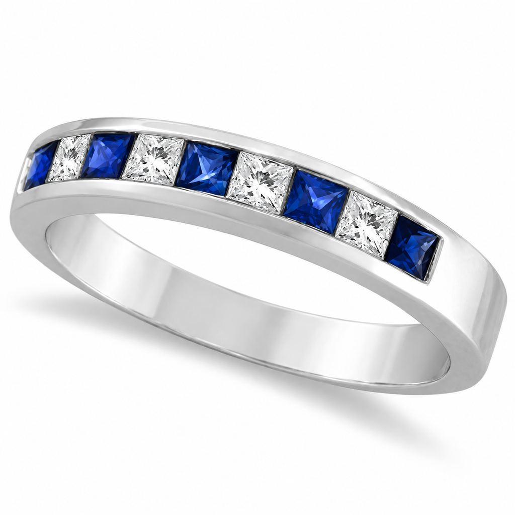 Princess-Cut Channel-Set Diamond & Sapphire Ring Band 14k White Gold — three-quarter product view