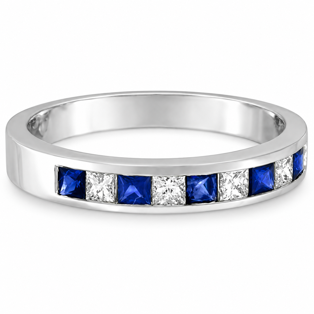 Princess-Cut Channel-Set Diamond & Sapphire Ring Band 14k White Gold — alternate product view
