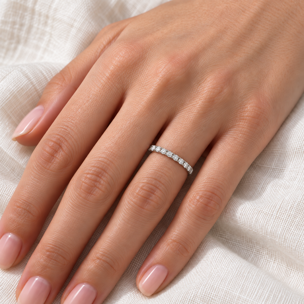 Diamond Stackable Ring Anniversary Band in 14k White Gold (0.25ct) — close-up on ivory linen