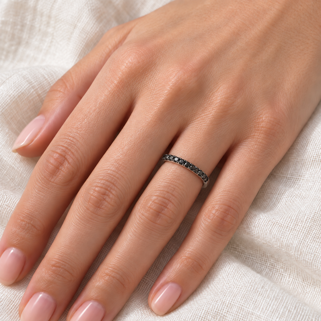 Lab Black Diamond Stackable Ring Guard in 14K White Gold (0.25ct) — close-up on ivory linen