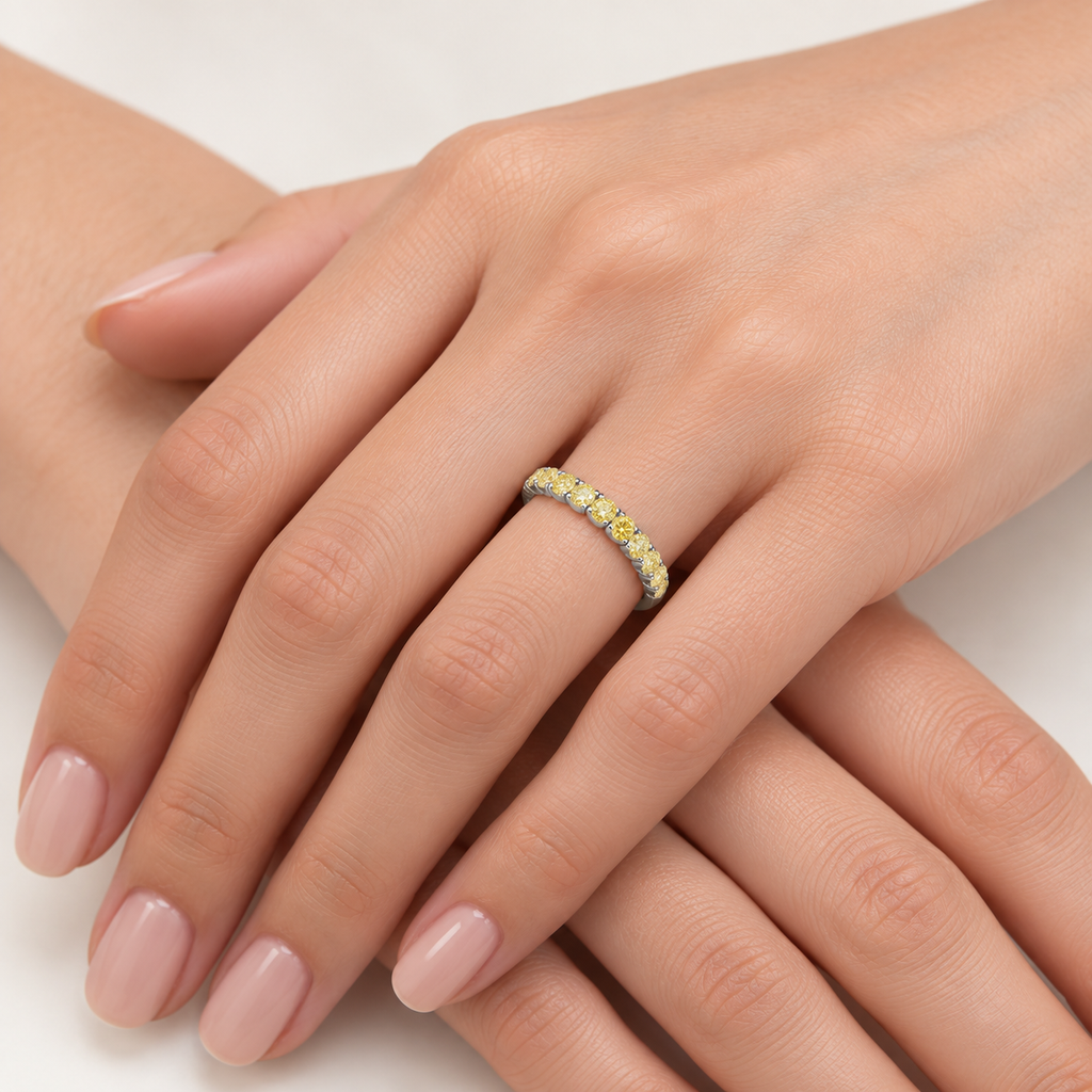 Yellow Canary Diamond Ring Anniversary Band 14k White Gold (1.00ct) — worn on the ring finger