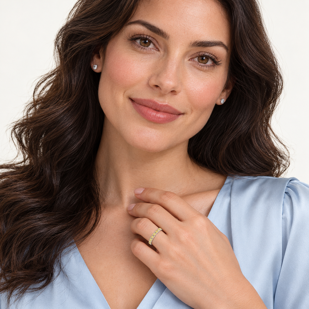 Yellow Canary Diamond Ring Anniversary Band 14k White Gold (1.00ct) — professional studio model wearing the ring