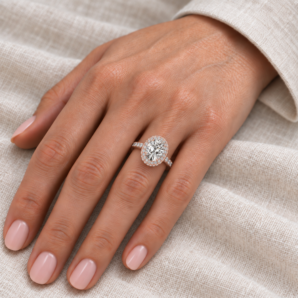 Lab Diamond Halo Engagement Ring 14k Rose Gold (1.71ct) — hand view