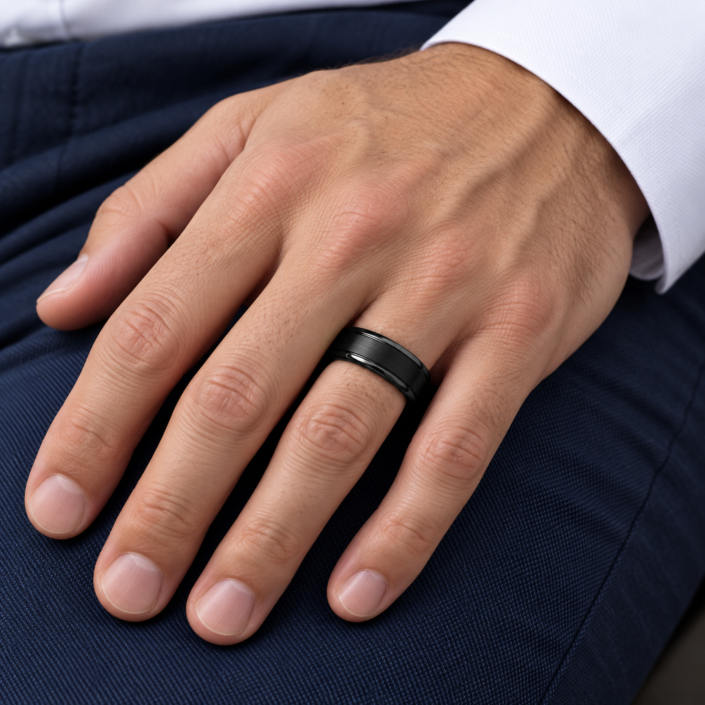 Men's Grooved Wedding Ring Band in Black PVD Tungsten (7.3mm) — male hand wearing wedding band