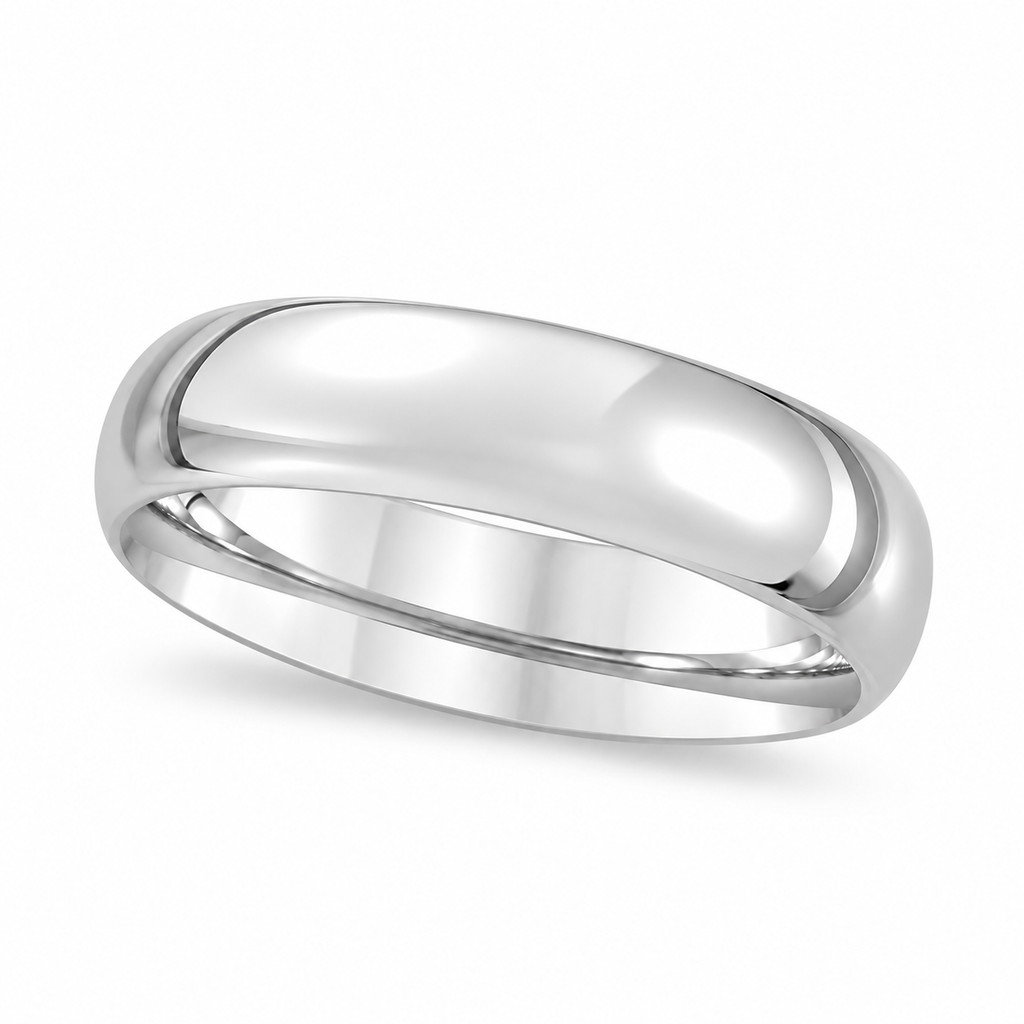 Men's Domed Wedding Ring Band in White Tungsten (6mm) — Angled product view on white