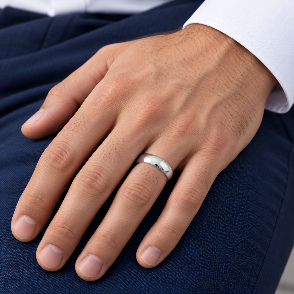 Men's Domed Wedding Ring Band in White Tungsten (6mm) — male hand wearing wedding band
