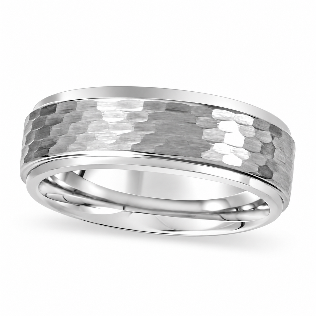 Men's Ridged Wedding Ring Band with Bark Finish in Tungsten (8.3mm) — Angled product view on white