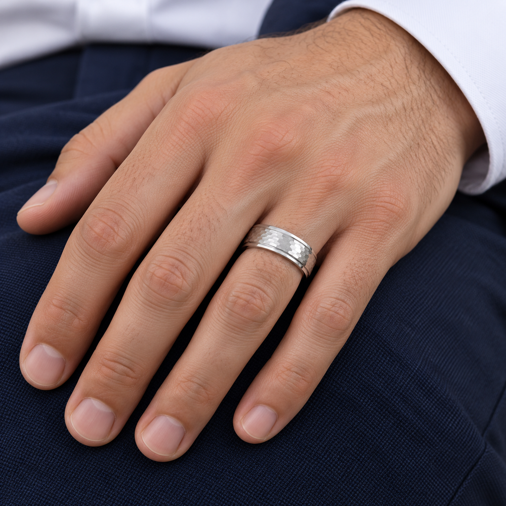 Men's Ridged Wedding Ring Band with Bark Finish in Tungsten (8.3mm) — male hand wearing wedding band