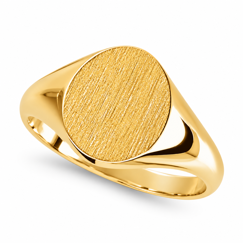Men's Oval Shaped Signet Ring Engravable 14k Yellow Gold 10x8mm - Product view on white