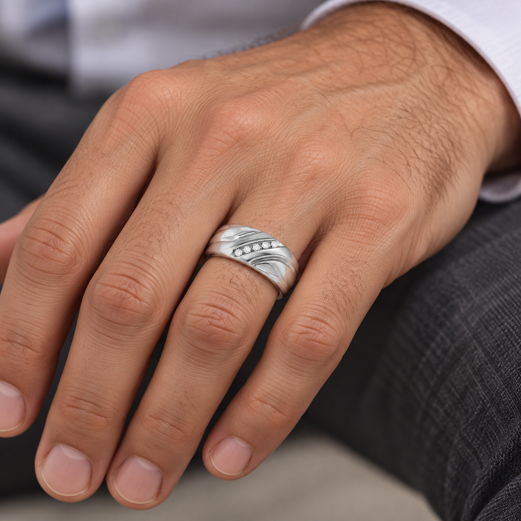0.06ct 14k White Gold Diamond Men's Band — Male hand wearing wedding band