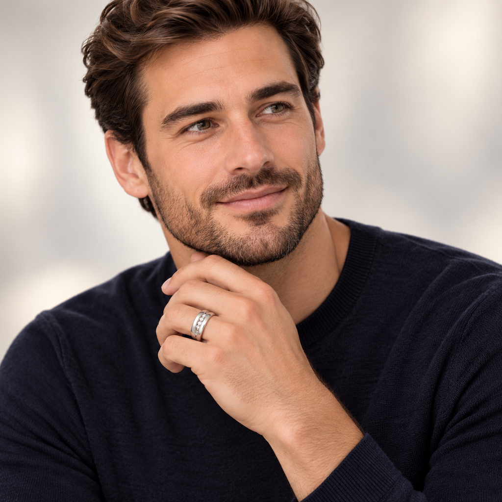 Male portrait wearing 0.06ct 14k white gold diamond wedding band in studio