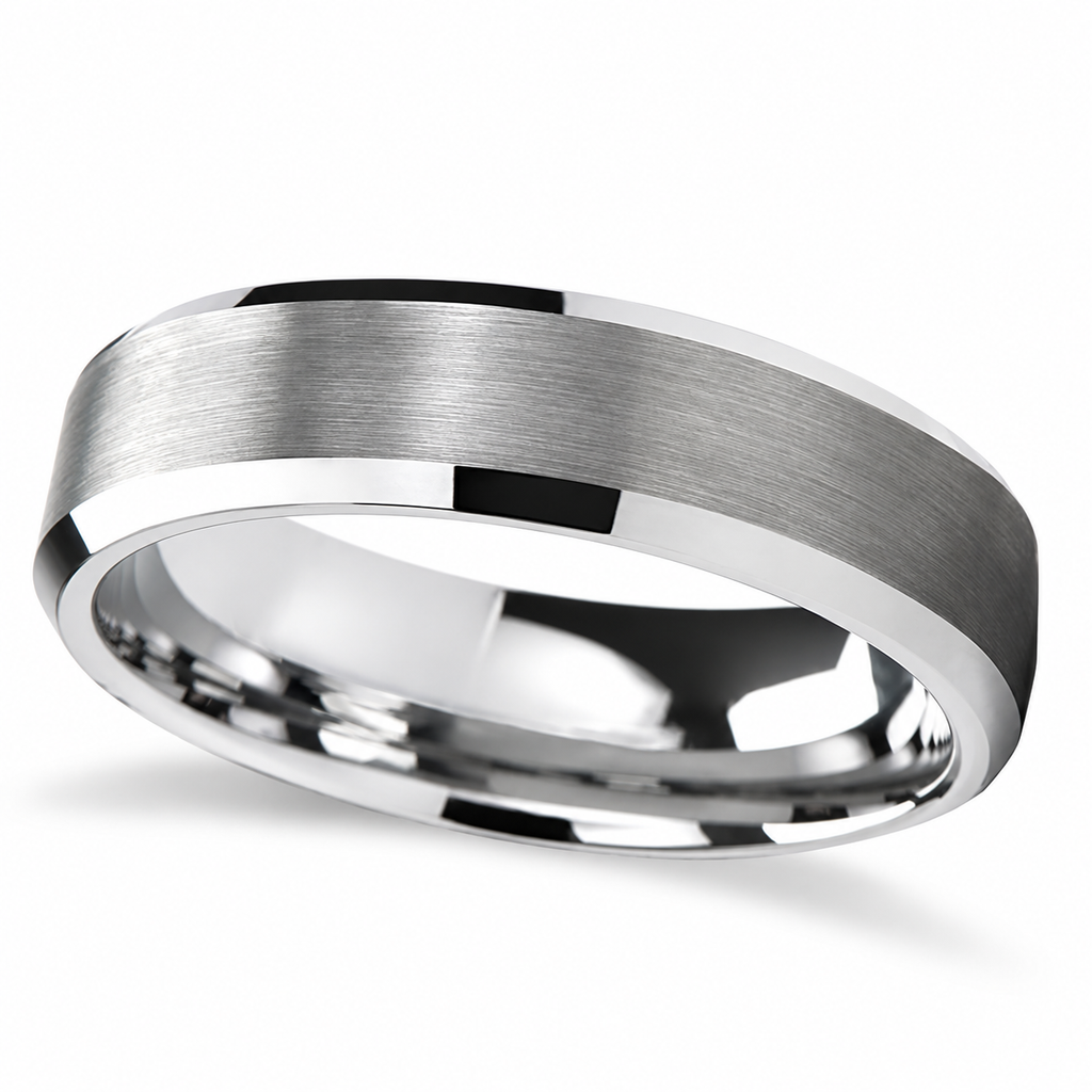 Brushed Center Beveled Tungsten Wedding Band (7mm) — Angled product view on white