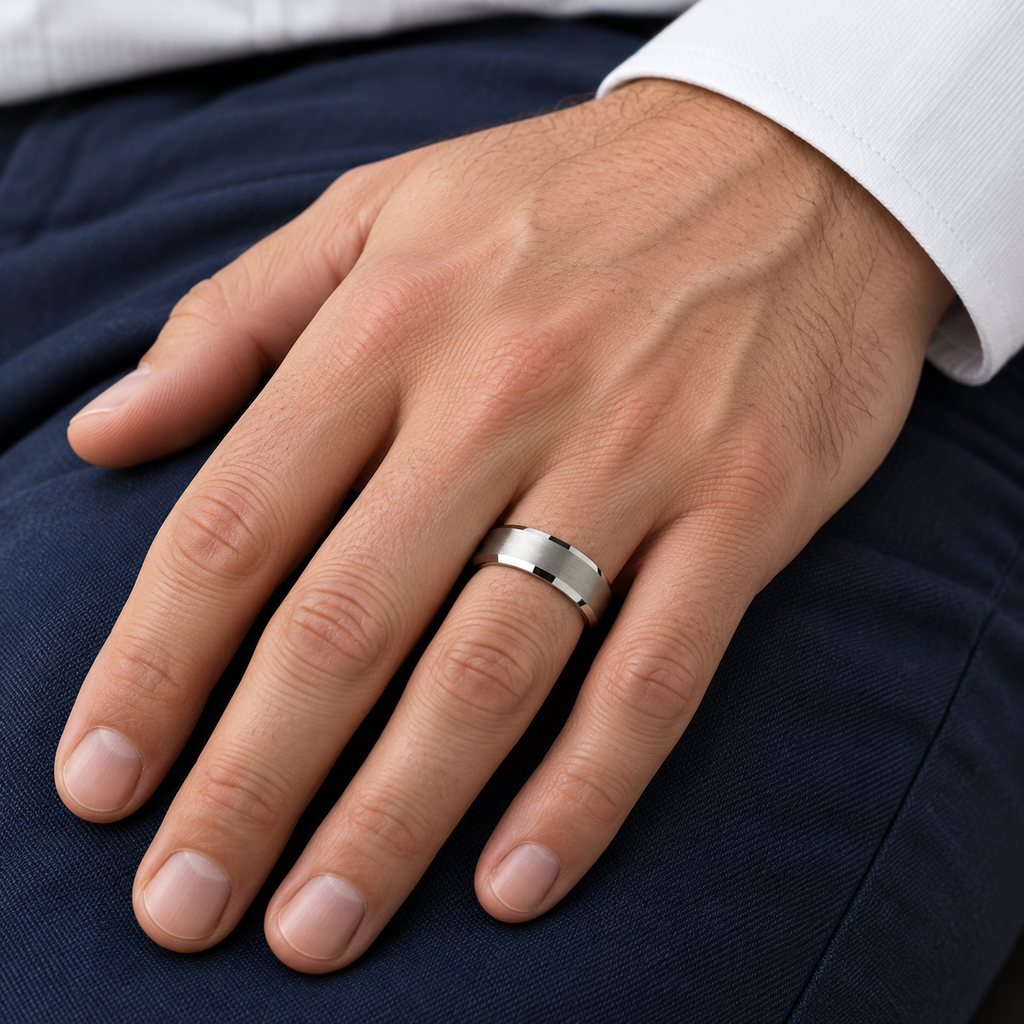 Brushed Center Beveled Tungsten Wedding Band (7mm) — male hand wearing wedding band