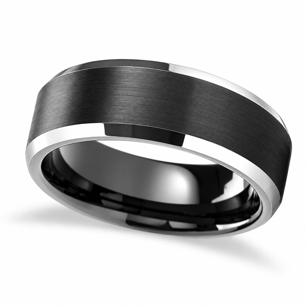 Beveled Edge with Black Brushed Carbide Tungsten Wedding Band (6mm) — Angled product view on white
